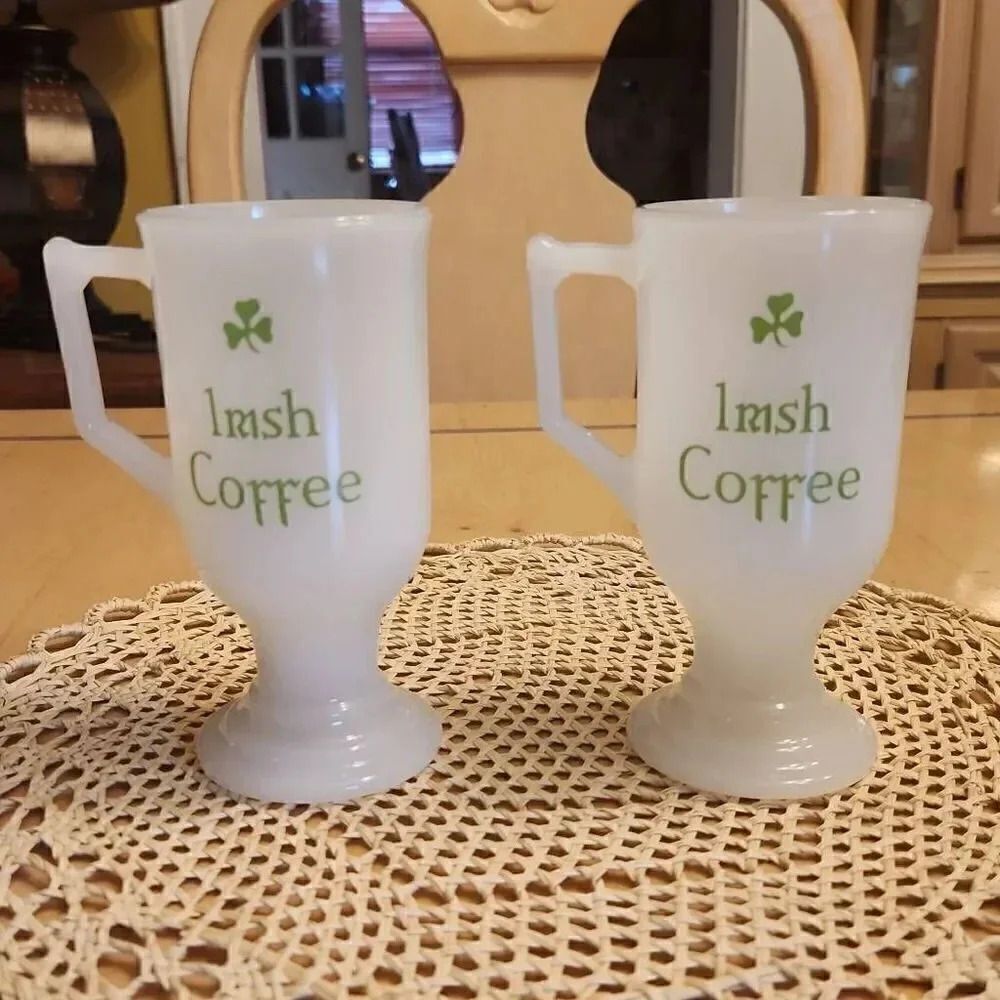 Vintage pedestal Irish coffee milk glass mugs Set of 2